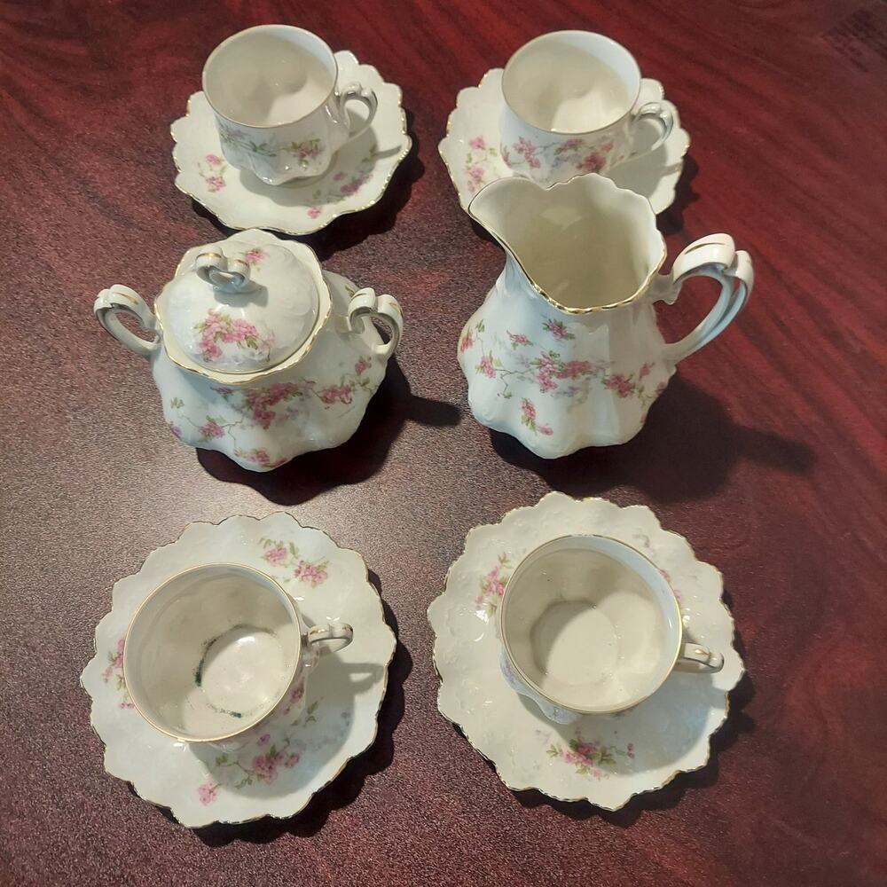 Antique MZ Austria Cherry Blossom Porcelain Creamer, Sugar Bowl, Cups, & Saucers